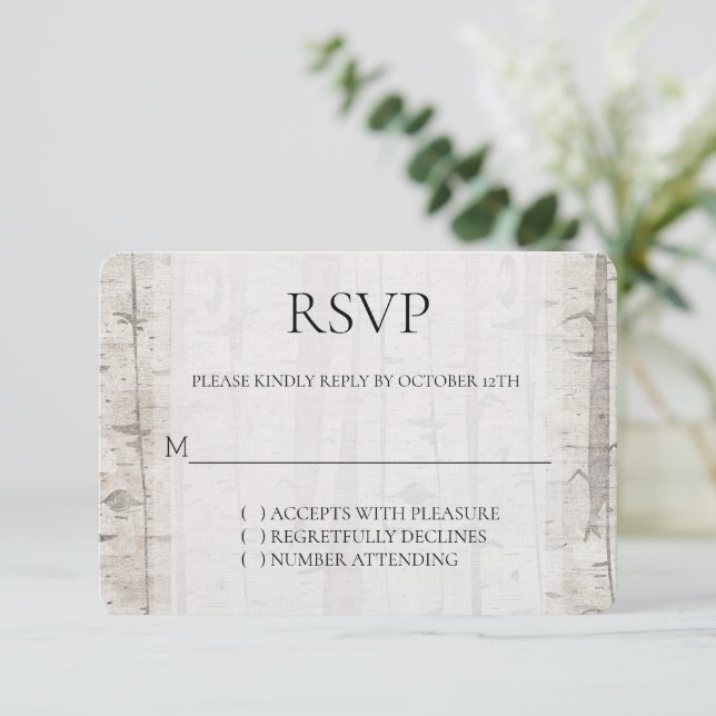 Rustic White Cream Birch Trees Wedding RSVP (Standing Front)