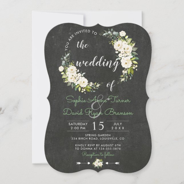 Rustic White Cream Floral Chalkboard Wedding Invitation (Front)