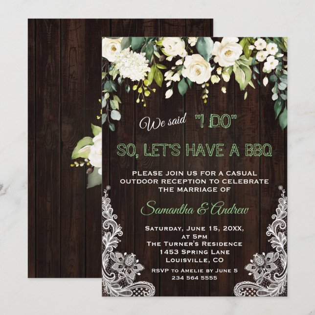 Rustic White Cream Flowers Lace I DO BBQ Invitation (Front/Back)