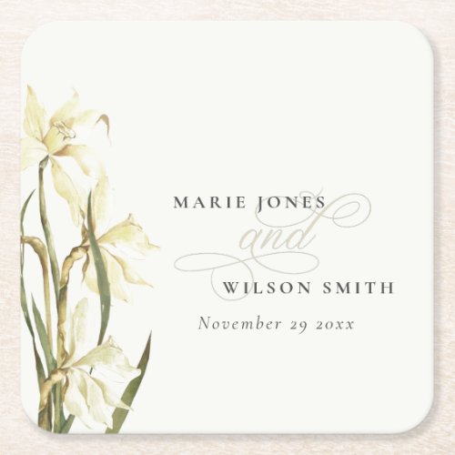 Rustic White Daffodil Floral Watercolor Wedding Square Paper Coaster
