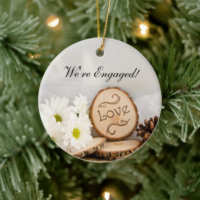 Rustic White Daisies Woodland Engagement Ceramic Ornament (Tree)