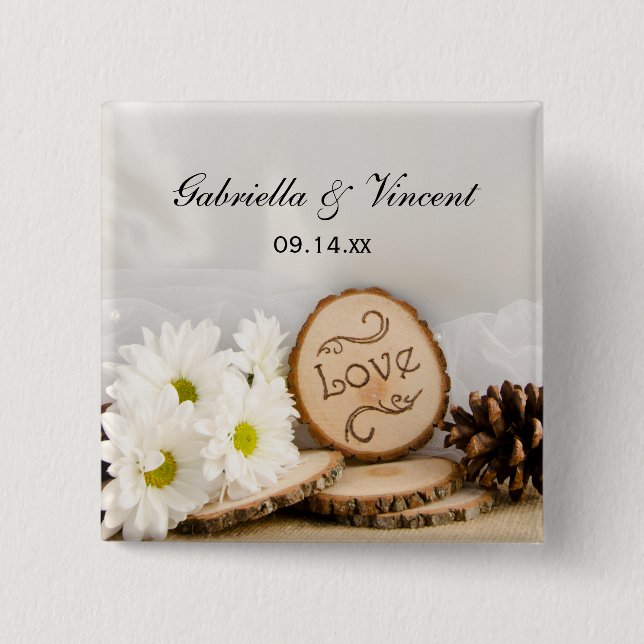 Rustic White Daisies Woodland Wedding Button (Front)