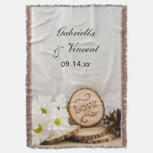 Rustic White Daisies Woodland Wedding Keepsake Throw Blanket (Front Vertical)