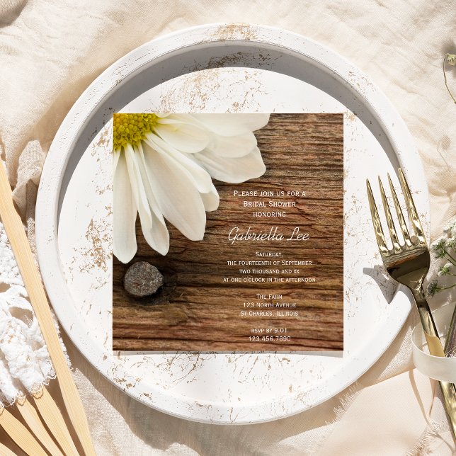 Rustic White Daisy Barn Wood Country Bridal Shower Invitation (Creator Uploaded)