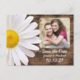 Rustic White Daisy Wood Photo Wedding Save Date Announcement Postcard