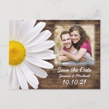 Rustic White Daisy Wood Photo Wedding Save Date Announcement Postcard by wasootch at Zazzle