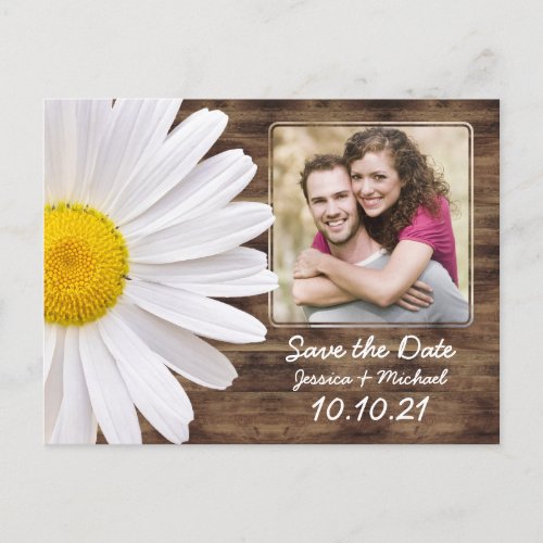 Rustic White Daisy Wood Photo Wedding Save Date Announcement Postcard