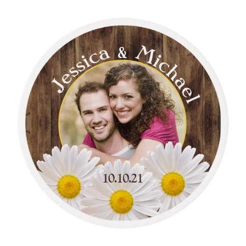 Rustic White Daisy Wood Photo Wedding Save Date Edible Frosting Rounds