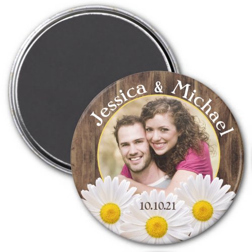 Rustic White Daisy Wood Photo Wedding Save Date Magnet