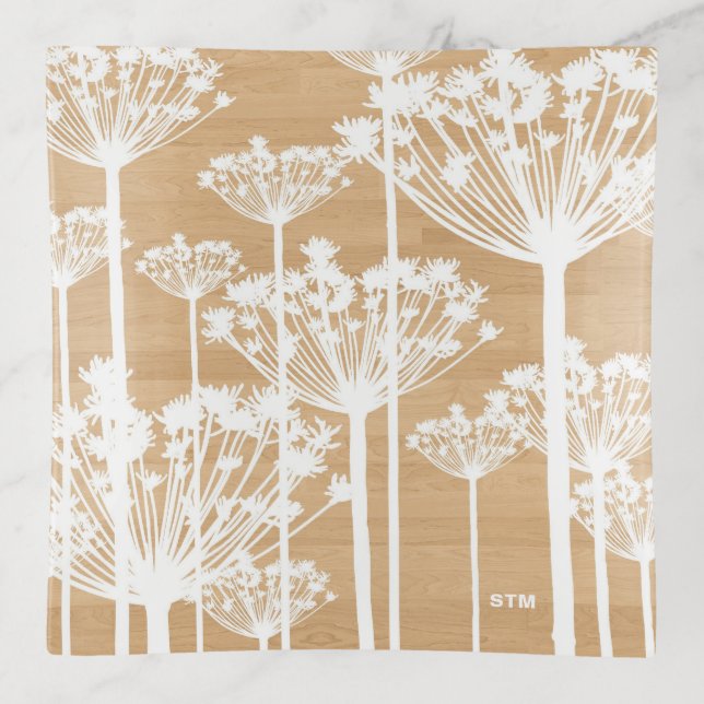 Rustic White Dandelions Wood Background Monogram Trinket Tray (Front)