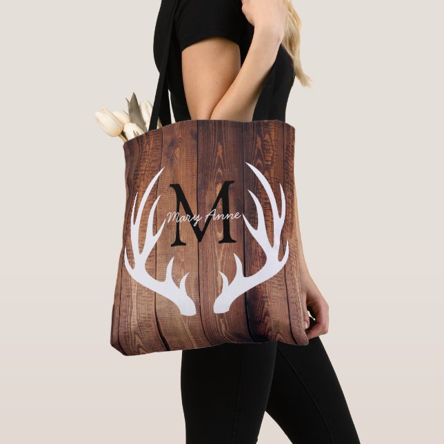 Rustic White Deer Antlers Barn Wood & Name Tote Bag (Close Up)