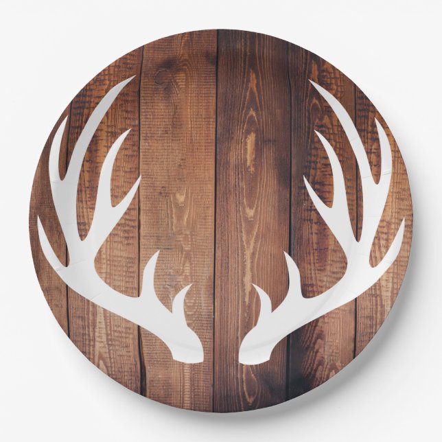 Rustic White Deer Antlers Barn Wood Paper Plates (Front)