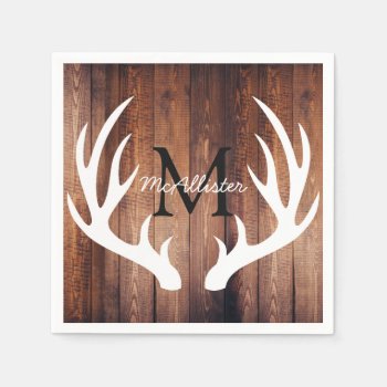 Rustic White Deer Antlers Barn Wood - Personalized Napkins by GrudaHomeDecor at Zazzle