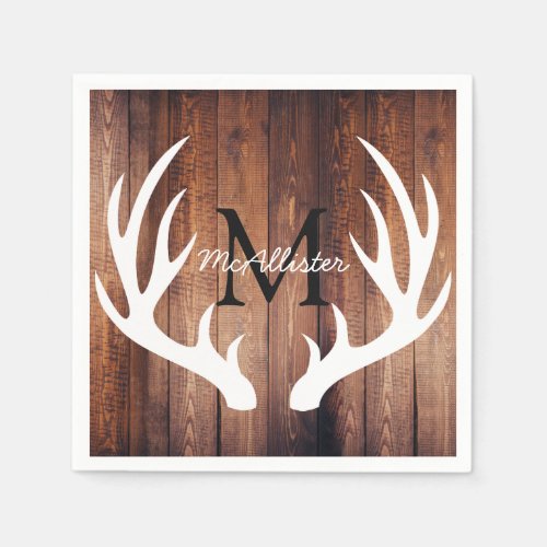 Rustic White Deer Antlers Barn Wood _ Personalized Napkins