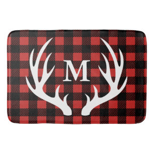 Rustic White Deer Antlers Buffalo Check Plaid Bath Mat