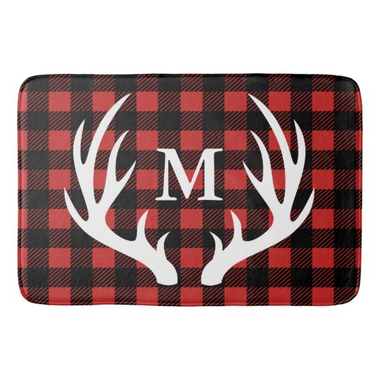 Rustic White Deer Antlers Buffalo Check Plaid Bath Mat Zazzle Com