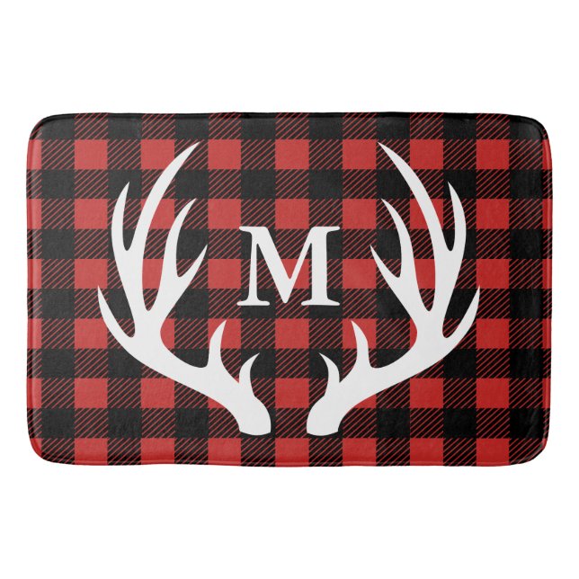 Rustic White Deer Antlers Buffalo Check Plaid Bath Mat (Front)