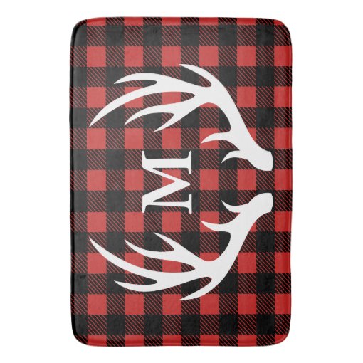 Rustic White Deer Antlers Buffalo Check Plaid Bath Mat | Zazzle