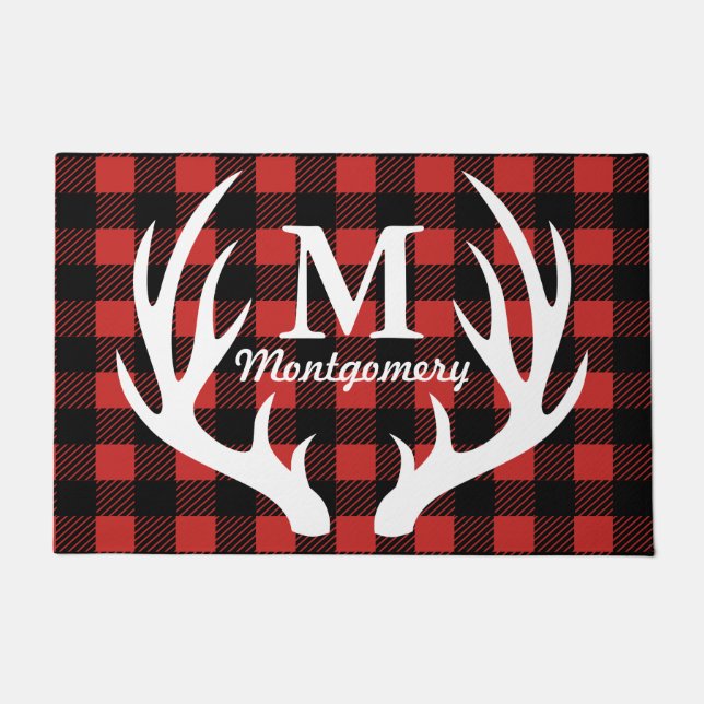 Rustic White Deer Antlers Buffalo Check Plaid Doormat (Front)