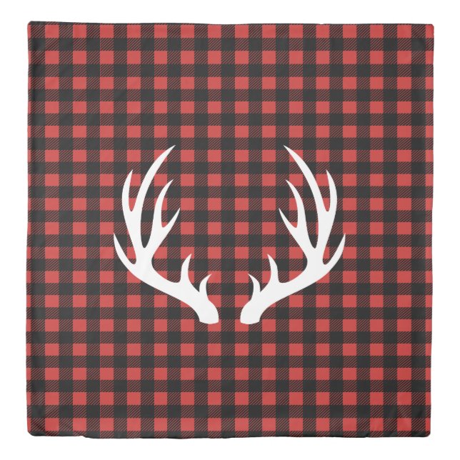 Rustic White Deer Antlers Buffalo Check Plaid Duvet Cover (Front)