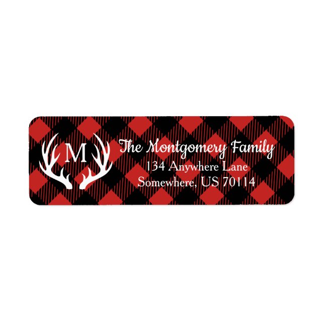 Rustic White Deer Antlers Buffalo Check Plaid Label (Front)