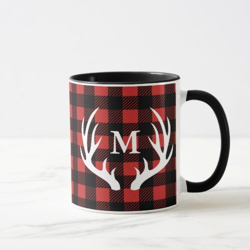 Rustic White Deer Antlers Buffalo Check Plaid Mug