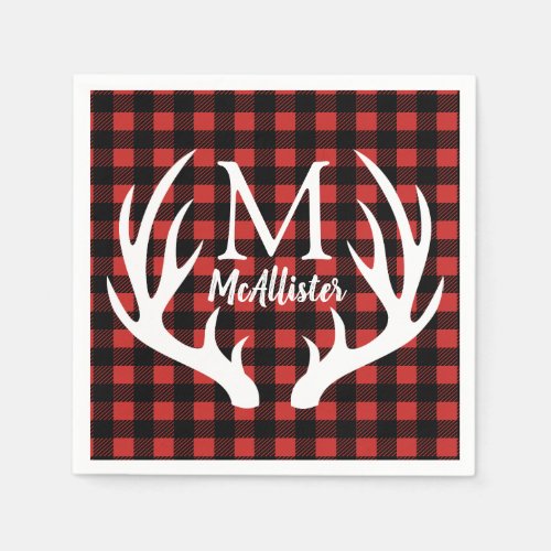 Rustic White Deer Antlers Buffalo Check Plaid Paper Napkins
