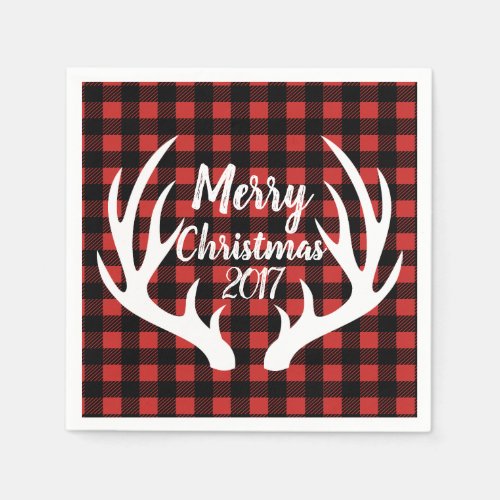 Rustic White Deer Antlers Buffalo Check Plaid Paper Napkins