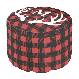 Rustic White Deer Antlers Buffalo Check Plaid Pouf