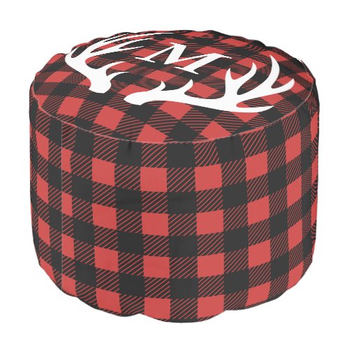 Rustic White Deer Antlers Buffalo Check Plaid Pouf