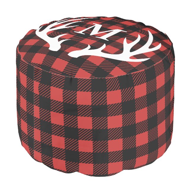 Rustic White Deer Antlers Buffalo Check Plaid Pouf (Angled Back)