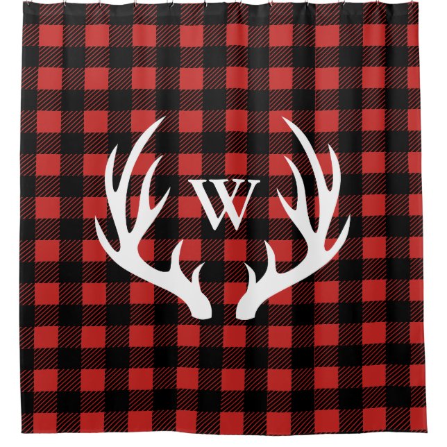 Rustic White Deer Antlers & Buffalo Check Plaid Shower Curtain (Front)