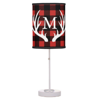Rustic White Deer Antlers Buffalo Check Plaid Table Lamp