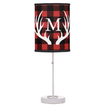 Rustic White Deer Antlers Buffalo Check Plaid Table Lamp by GrudaHomeDecor at Zazzle