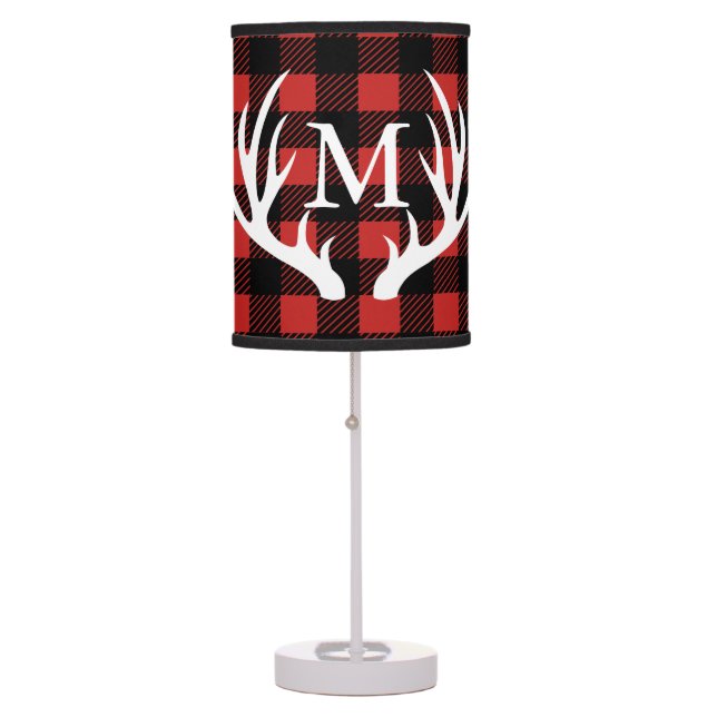 Rustic White Deer Antlers Buffalo Check Plaid Table Lamp (Front)