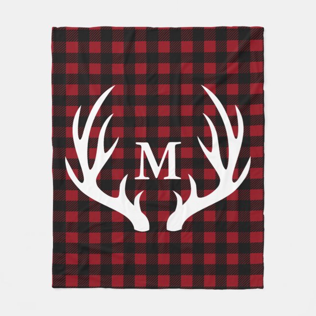Rustic White Deer Antlers Buffalo Plaid Custom Fleece Blanket (Front)