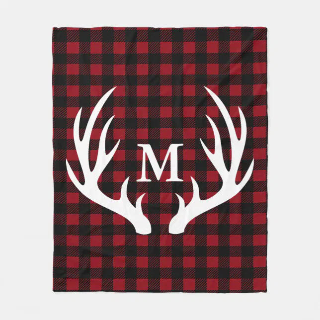 Rustic White Deer Antlers Buffalo Plaid Custom Fleece Blanket | Zazzle