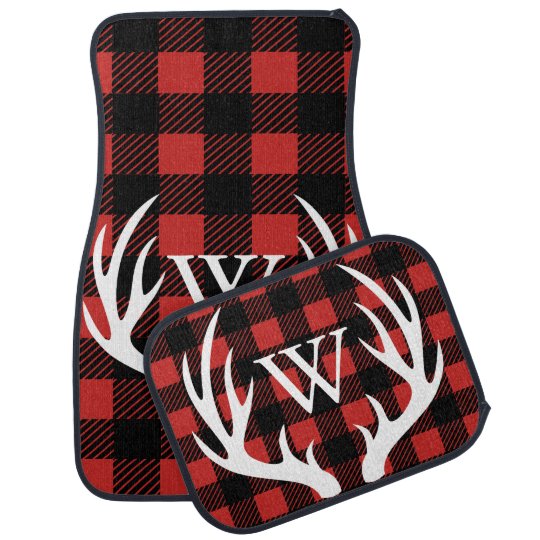 Rustic White Deer Antlers Buffalo Plaid Monogram Car Floor Mat