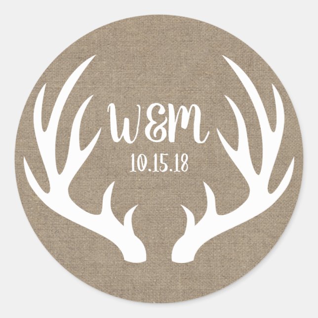 Rustic White Deer Antlers Burlap Couple's Initials Classic Round Sticker (Front)