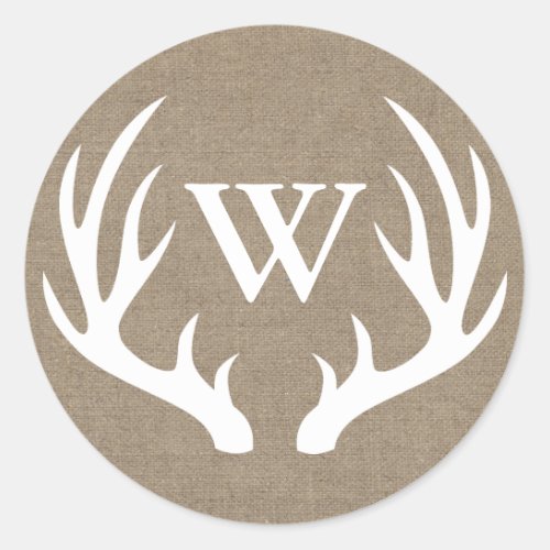 Rustic White Deer Antlers Burlap Initial Letter Classic Round Sticker