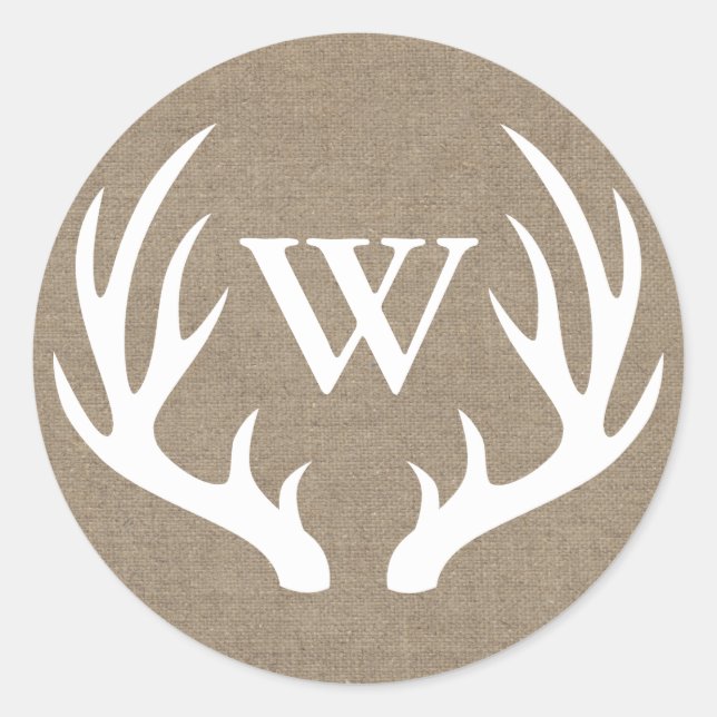 Rustic White Deer Antlers Burlap Initial Letter Classic Round Sticker (Front)