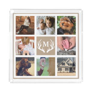Rustic White Deer Antlers Family Photo Collage Acrylic Tray