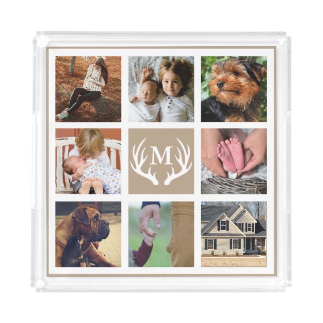 Rustic White Deer Antlers Family Photo Collage Acrylic Tray (Front)
