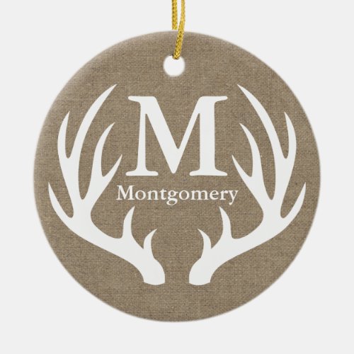 Rustic White Deer Antlers Faux Burlap Family Name Ceramic Ornament