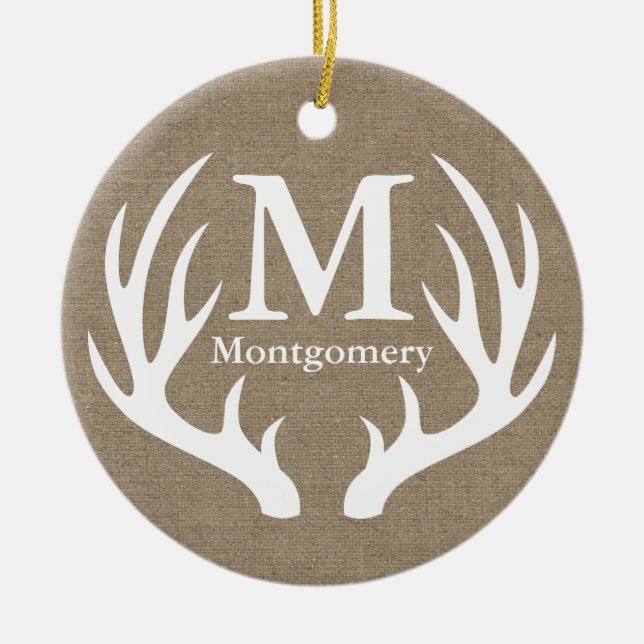 Rustic White Deer Antlers Faux Burlap Family Name Ceramic Ornament (Front)