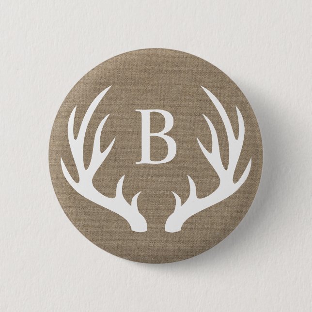 Rustic White Deer Antlers & Faux Burlap | Monogram Button (Front)