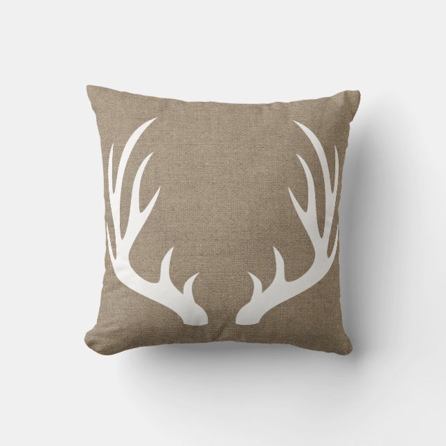Rustic White Deer Antlers & Faux Burlap Print Throw Pillow (Front)