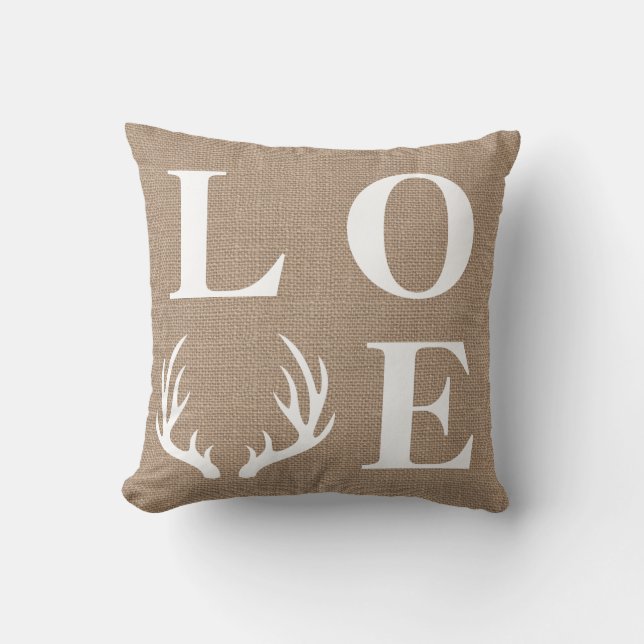 Rustic White Deer Antlers Love Faux Burlap Throw Pillow (Front)