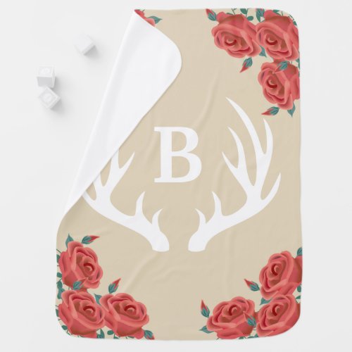 Rustic White Deer Antlers  Pink Roses Name Baby Blanket