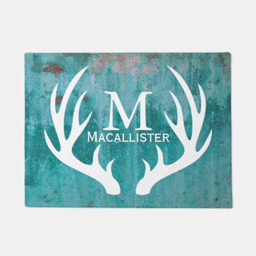 Rustic White Deer Buck Antlers  Teal Rusted Metal Doormat